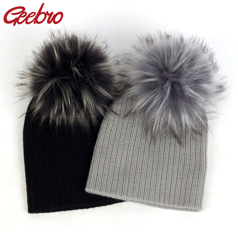 Geebro Fashion child baby Solid Color Ribbed Beanies hats With Faux fur pompom New Girls Boys Kids Soft Cute skully hats ► Photo 1/6