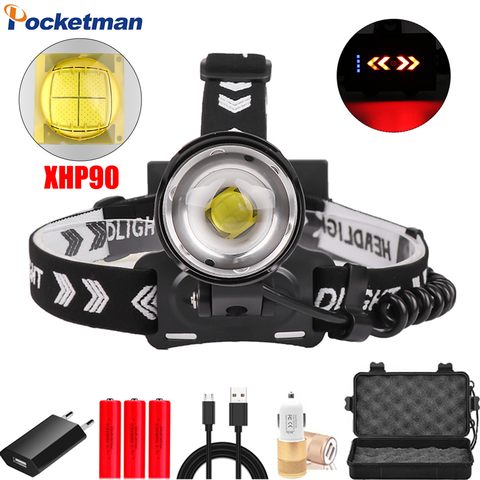 Super Powerful XHP90 LED Headlamp USB Rechargeable Headlight with Warning Red Light Waterproof Head Light Use 18650 Battery ► Photo 1/6