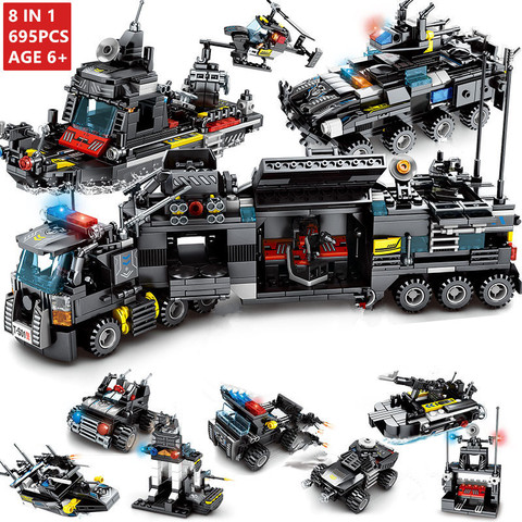 8Pcs/lot 695Pcs City Police SWAT Truck Building Blocks Sets Ship Vehicle Technic Bricks Brinquedos Educational Toys for Children ► Photo 1/5