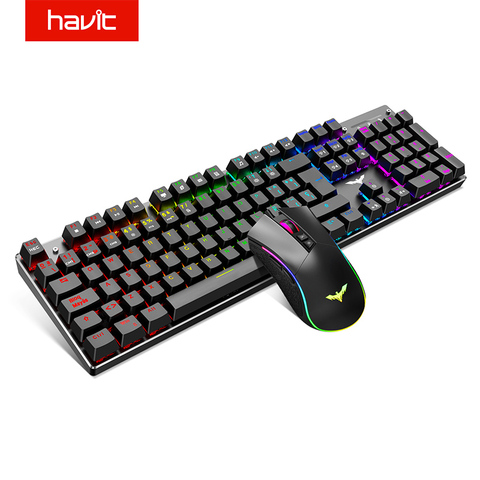 Havit Mechanical Gaming Keyboard and Mouse Combo Blue Switch 104 Keys Rainbow Backlit Keyboards, 4800DPI 7 Button Mouse Wired ► Photo 1/6