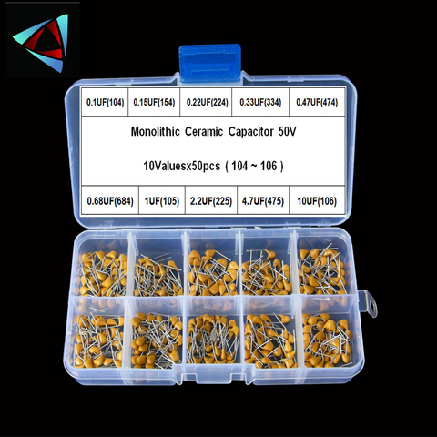 500pcs 10Valuesx50 0.1uF~10uF (104~106) Multilayer/Monolithic Ceramic Capacitors Assorted kit with storage box ► Photo 1/4