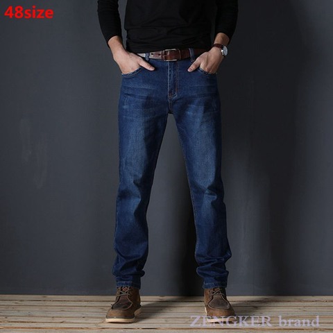 Spring jeans men's stretch blue men's high waist 130kg plus size XL oversized people slim long pants 48 46 44 42 40 38 36 ► Photo 1/3