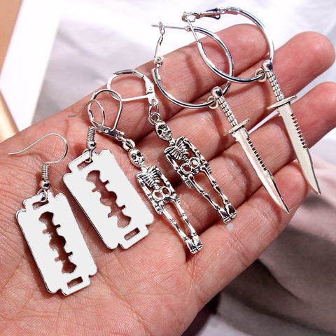 Flatfoosie 3Pair/Set Fashion Punk Skeleton Blade Drop Earrings Sliver Color Retro Small Dangle Earrings Sets Statement Jewelry ► Photo 1/6