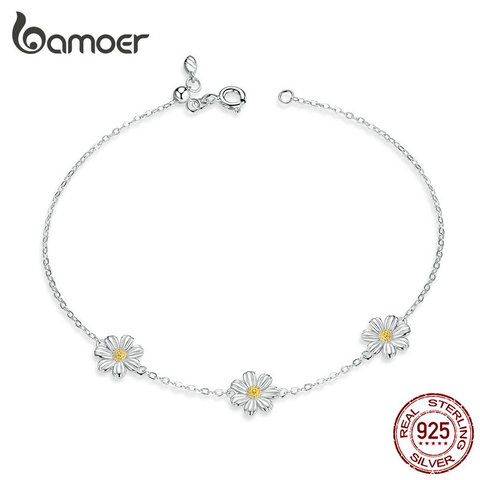 bamoer Daisy Flower Link Bracelet for Women Genuine 925 Sterling Silver Fresh Lovely Gifts Anti-allergy Gift Fine Jewelry SCB165 ► Photo 1/6