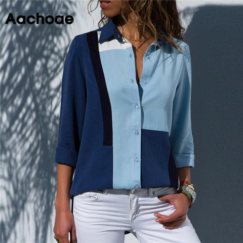 Aachoae Women Blouses 2022 Fashion Long Sleeve Turn Down Collar Office Shirt Blouse Shirt Casual Tops Plus Size Blusas Femininas ► Photo 1/6