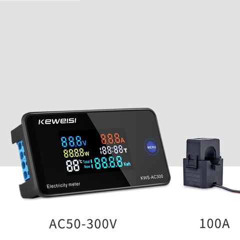 AC 6in1 220V 110V 50V~300V 100A Digital Ampermeter Power Energy Voltmeter Ammeter Volt Watt Kwh temperature Meter Time Split CT ► Photo 1/6