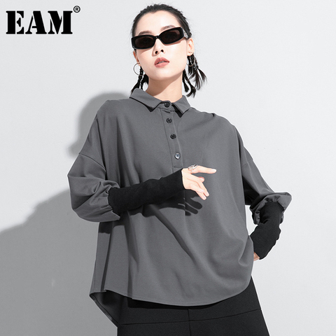 [EAM] Women Gray Contrast Color Big Size Blouse New Lapel Long Sleeve Loose Fit Shirt Fashion Tide Spring Autumn 2022 1DC674 ► Photo 1/6