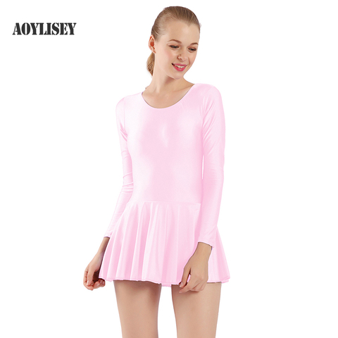 Aoylisey Women Pink Ballet Dance Leotard With Skirt One Piece Long Sleeve Skirted Bodysuit Latin Scoop Neck Gymnastics Dresses ► Photo 1/6