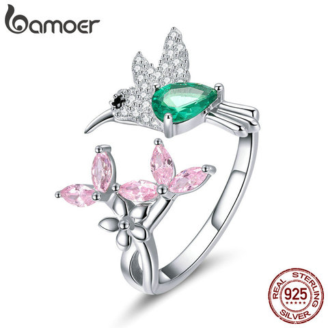 BAMOER 100% 925 Sterling Silver Adjustable Hummingbird Gift Luminous Clear CZ Finger Rings for Women Silver Jewelry BSR016 ► Photo 1/6