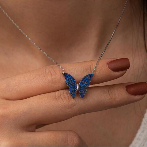 Gold CZ Black White Blue Butterfly Pendants Necklace For Women Stainless Steel Link Chain Bijoux Femme Men Birthday Gift ► Photo 1/6