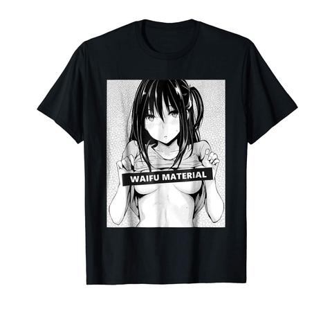Waifu Material Funny Hentai Anime Black T-Shirt Summer Short Sleeve Hip Hop Tee T Shirt Top Tee Male Battery Funny Cotton Tops ► Photo 1/2
