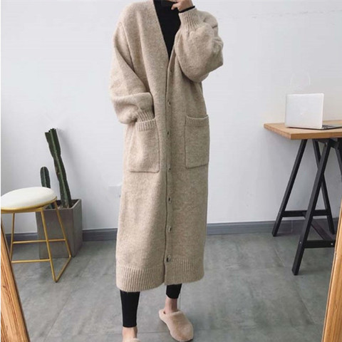 Women Autumn winter V Neck Long wool Sweater coat Single Breasted Long Sleeve Knitted Cardigan pockets Pull Femme Plus Size ► Photo 1/5