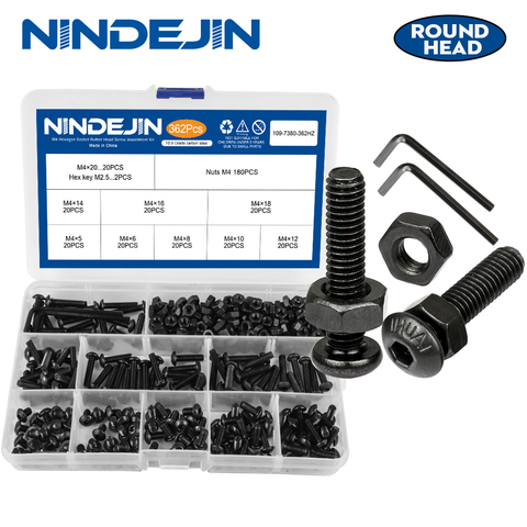 NINDEJIN hex hexagon socket button head screw nut carbon steel m2 m2.5 m3 m4 m5 m6 allen round head screw set bolt and nut set ► Photo 1/6