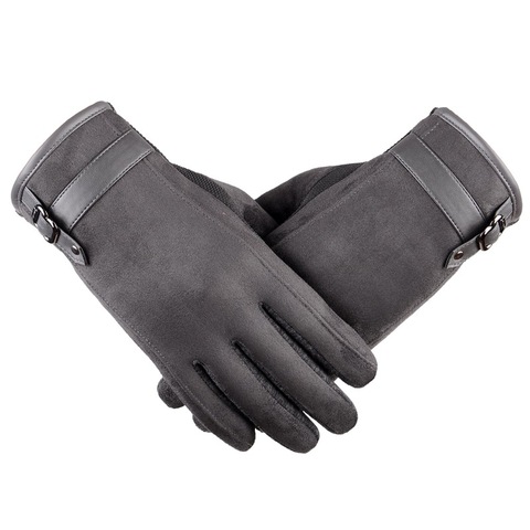 Men Driving Touch Phone Screen Mitten Cotton Suede Leather PU Belt Buckle Winter Plush Inside Warm Non-slip Cycling Glove I27 ► Photo 1/6