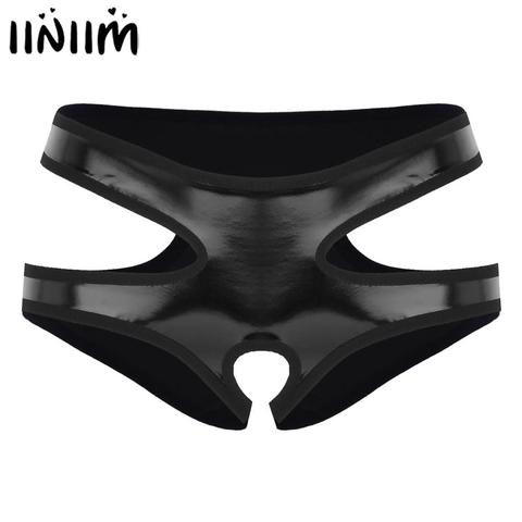 Women's Lingerie Sexy Panties Crotchless Wetlook Patent Leather Lace Hole  Briefs Underwear