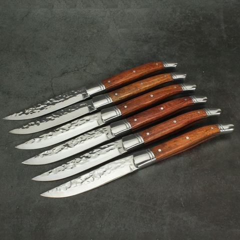22.5cm 8.25inch Laguiole Steak Knife Rose Wood Handle Table knives Hammer blade Dinner Knifes Japan Tableware set 4/6/8/10pcs ► Photo 1/6