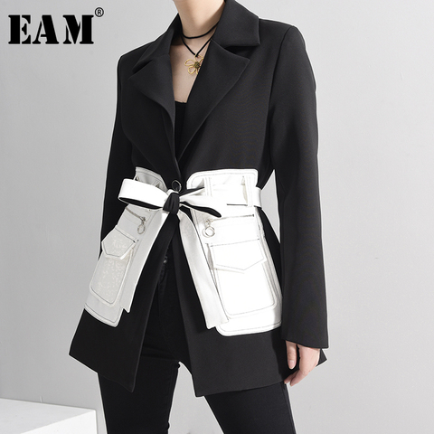 [EAM]  Women Black Contrast Color Pocket Blazer New Lapel Long Sleeve Loose Fit  Jacket Fashion Tide Spring Autumn 2022 1S39401 ► Photo 1/6