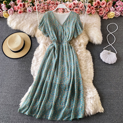 2022 V-neck ruffles sleeve chiffon dress summer short-sleeved high-waist lace-up waist print midi Dress for womens beach dress ► Photo 1/6