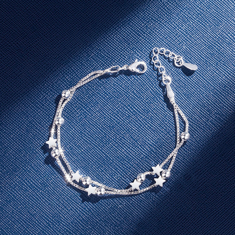 DAIWUJAN 925 Sterling Silver Double Layers Stars Beads Bracelets For Women Elegant Box Chain Charm Bracelet Birthday Party Gift ► Photo 1/6