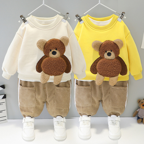 Baby boy clothes autumn and winter children's suit cartoon bear sweater + plus velvet warm corduroy slacks baby two-piece suit ► Photo 1/6