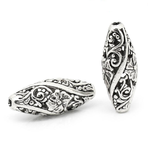 DoreenBeads Zinc Alloy Filigree Spacer Beads Oval Antique Silver Color Flower Hollow Carved DIY Jewelry About 26mm x 11mm,10PCs ► Photo 1/3