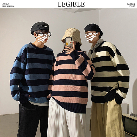LEGIBLE Striped Men Sweaters 2022 Autumn Korean Style Men's Pullovers Harajuku Streetwear Male Clothing Couple Sweater ► Photo 1/6