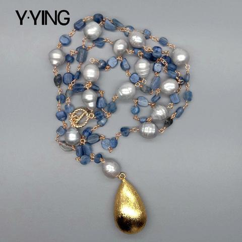 Y·YING Blue Kyanites Gray Rice freshwater Pearl statement Necklace Teardrop Brushed Gold Plated Pendant 21