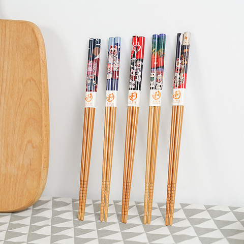 Reusable 5 Pair Set Handmade Bamboo Japanese style Natural Wood Chopsticks Sushi Food Cat Flower Multi color Wooden Chop sticks ► Photo 1/4