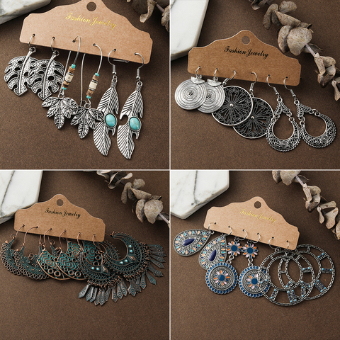 Bronze Silver Color Ethnic Earrings Sets Jewelry Long Metal Tassel Dangling Earrings for Women Leaf Flowers Geometric Earring ► Photo 1/6