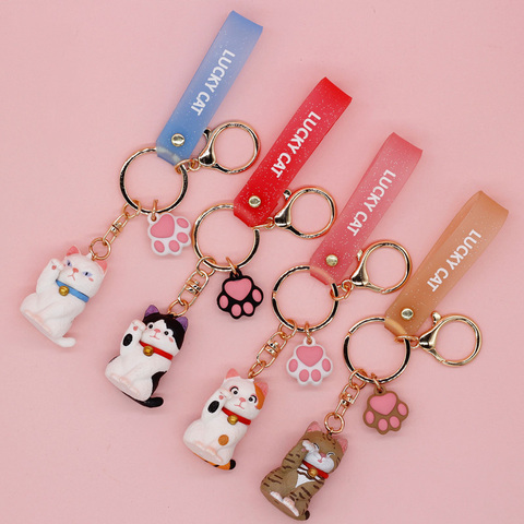 Japanese Cute Little Kitten Cat Keychain for Women Fashion Letter LUCKY CAT pvc Wristband Key Chain Girlfriend Bag Jewelry Gift ► Photo 1/6