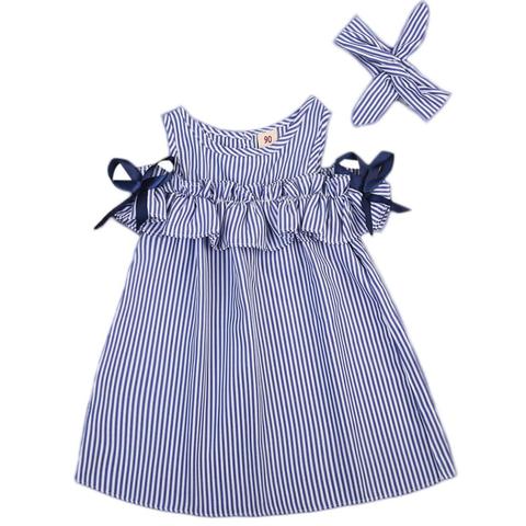 Hot 2022 New Summer Dress Toddler Kids Baby Girls Lovely Birthday Clothes Blue Striped Off-shoulder Ruffles Party Gown Dresses ► Photo 1/5