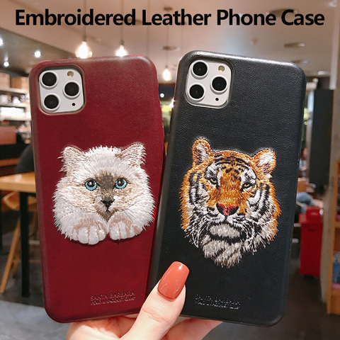 3D Embroidered Cute Cat Wolf Tiger Leather Phone Case For Apple iPhone 11 Pro Max Protective Back Cover For iPhone 12 Mini ► Photo 1/6