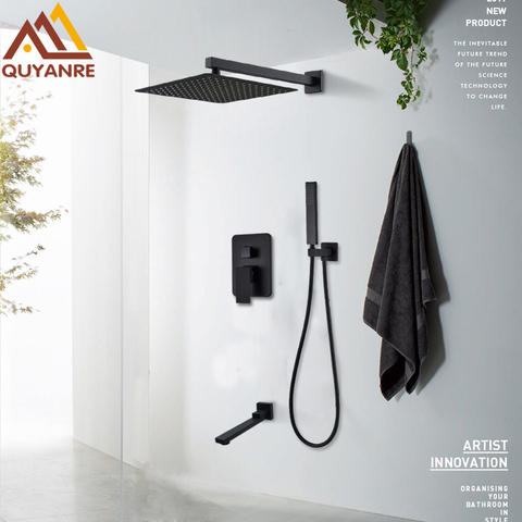 Quyanre Matte Black Shower Faucets Set Rain Waterfall Concealed Shower System Wall Mount Bathtub Shower Mixer Shower Combo Set ► Photo 1/6