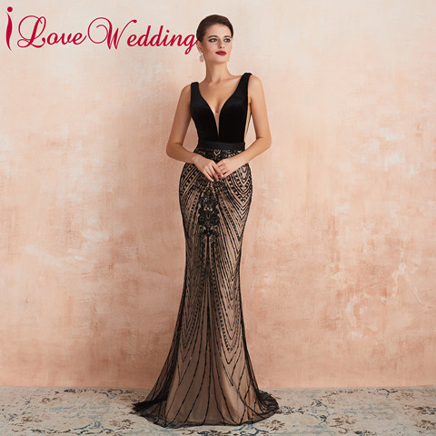 Formal Dress Sexy V Neck Black Lace Evening Dress Sleeveless Trumpet Velour Evening Party Gown ► Photo 1/6