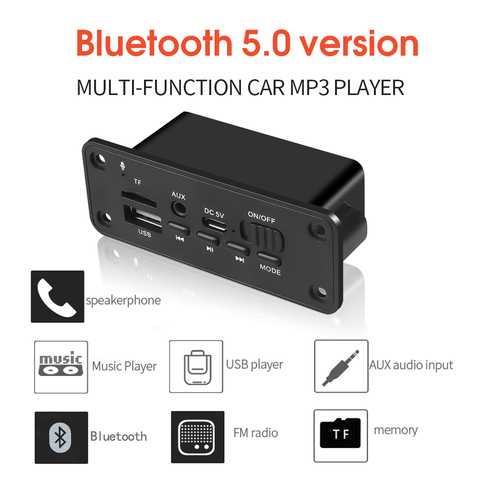 V5.0 Bluetooth 5.0 6W amplifier Mic handsfree MP3 Player Decoder Board 2*3W FM Radio Module TF USB U disk AUX Audio with switch ► Photo 1/6