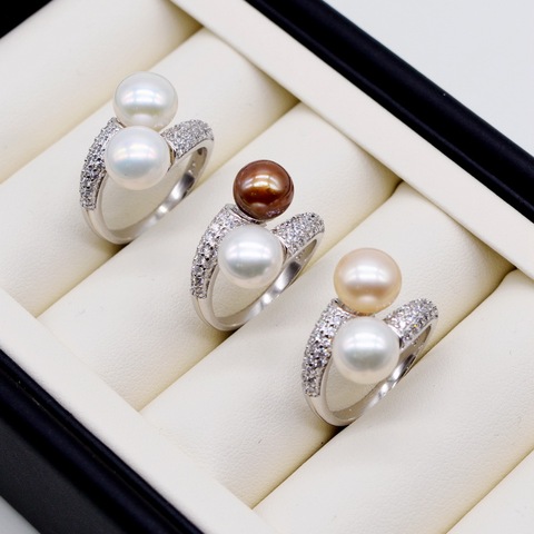 Double pearl ring. Round freshwater pearls. 925 sterling silver. Adjustable. Zircon women's pearl ring. engagement ring ► Photo 1/6