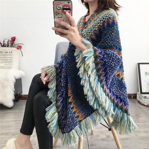 Swyivy Pullover Women Knitting Poncho Capes Autumn New 2022 Female Fashion Bohemian Poncho Cloak Tassel Winter Clothing ► Photo 1/6