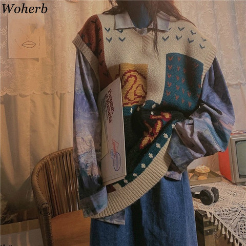 Woherb Women Harajuku Sweater Vest Autumn 2022 Korean Style Vintage Printed V Neck Sleeveless Pullovers Knitted Woman Sweaters ► Photo 1/6