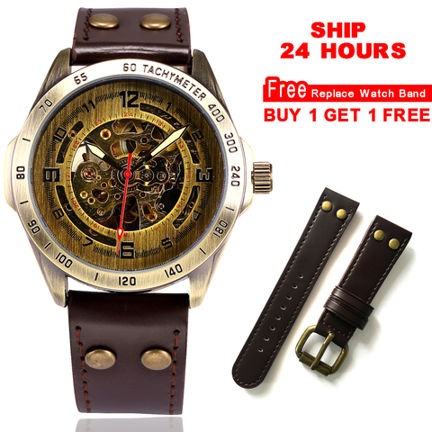 Bronze Automatic Watch for Men Skeleton Mechanical Watch Steampunk Vintage Leather Transparent Mens Wrist Watches Clock Dropship ► Photo 1/6