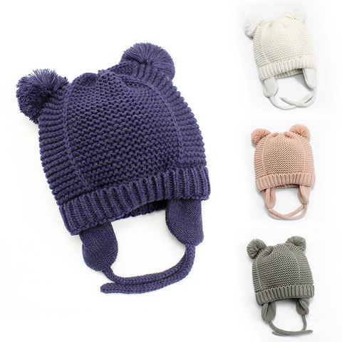 Cute Knitted Pompom Baby Hat Cap Thick Warm Baby Girl Boy Hat Beanie Winter Ear Warm Kids Hat Baby Bonnet Muts For Newborn ► Photo 1/6