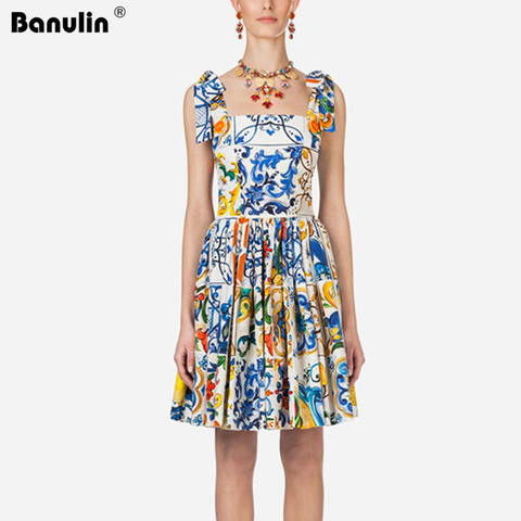 Runway Women Summer Dress Bow Spaghetti Strap Backless Blue and White Porcelain Floral Print Mini Dress Vestido Mujer Verano ► Photo 1/6