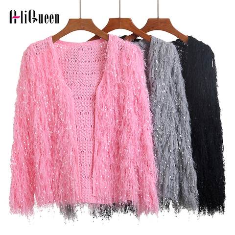 2022 Autumn Women Lambs Tassels Knitted Sequins Sweater Jacket Hook Flowers Cardigan Handmade Fringed Velvet Fluffy Coat Outwear ► Photo 1/6