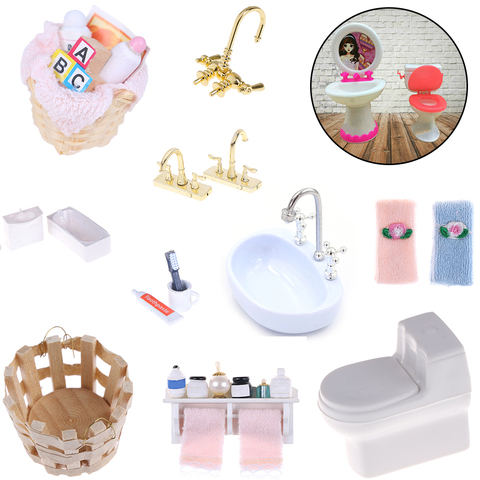 Towel Rack Shower Faucet Tissue Toothbrush Toothpaste Cup Baskets Hair Dryer 1/12 DIY Dollhouse Bathroom Furniture Accessories ► Photo 1/6