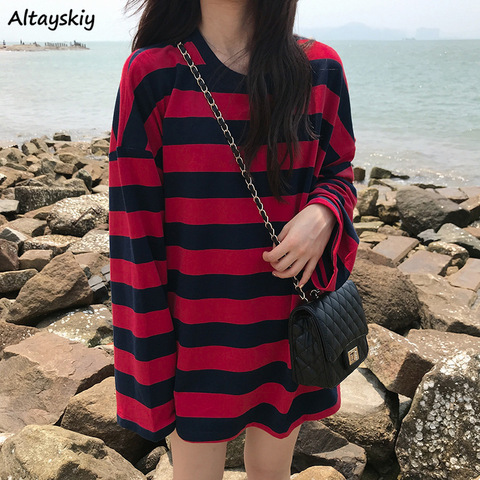 Tees Women Red Striped Loose Autumn 2022 All-match Trendy Casual Long Sleeve Lady Clothes College Tops Comfortable Korean Style ► Photo 1/6