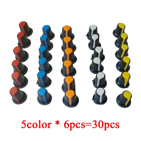 30PCS/lot potentiometer knobs 15X17mm 6mm WH148 potentiometer B10K color knob cap Yellow Orange Blue White Red 5value*6PCS=30PCS ► Photo 1/6