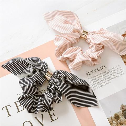 Korea Cute Rabbit Ear Striped Metal Buckle Hair Scrunchies Elastic Hair Bands Ties Rope Bands Ponytail Bands Hair Accessories ► Photo 1/6