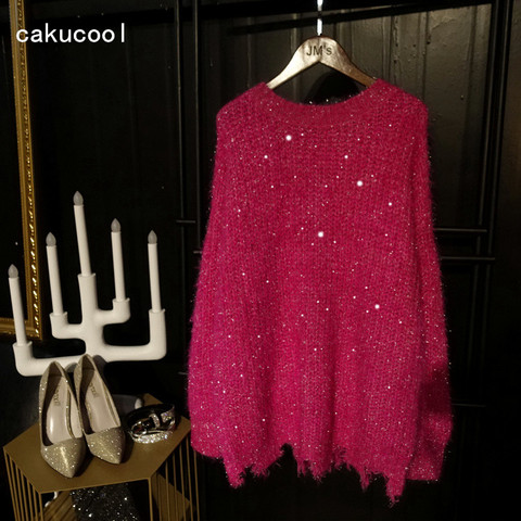 Cakucool Women Shiny Lurex Sweater Bling Loose Pink Round Neck Korea Sweaters Ripped Holes Autumn Spring Oversize Jumpers Lady ► Photo 1/6