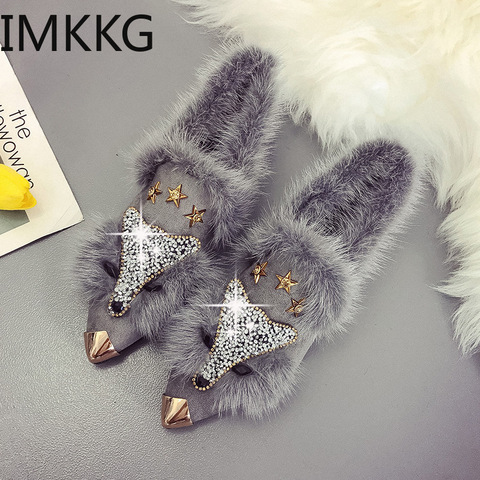 Crystal fox pattern winter flat loafers women metal pointed toe glitter fur moccasins brand design ballet flats ladies shoes ► Photo 1/6