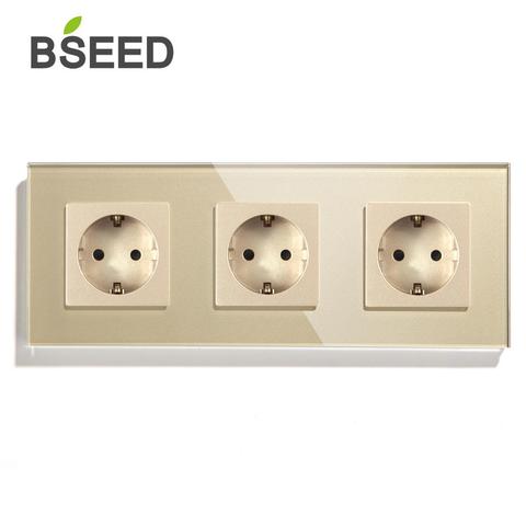 BSEED EU Wall Sockets Single Power Outlets Golden Double Frame Sockets Class Glass Panel Triple Sockets Kids Protection 16A ► Photo 1/6