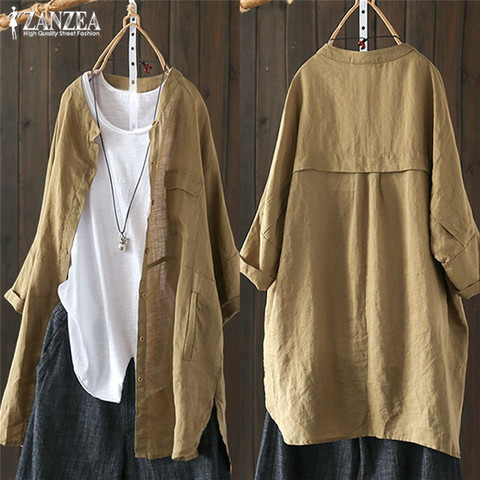 Vintage Linen Tunic Women's Blouse 2022 ZANZEA Casual Long Sleeve Shirts Button Cardigans Female Soid Patchwork Tops Plus Size ► Photo 1/6